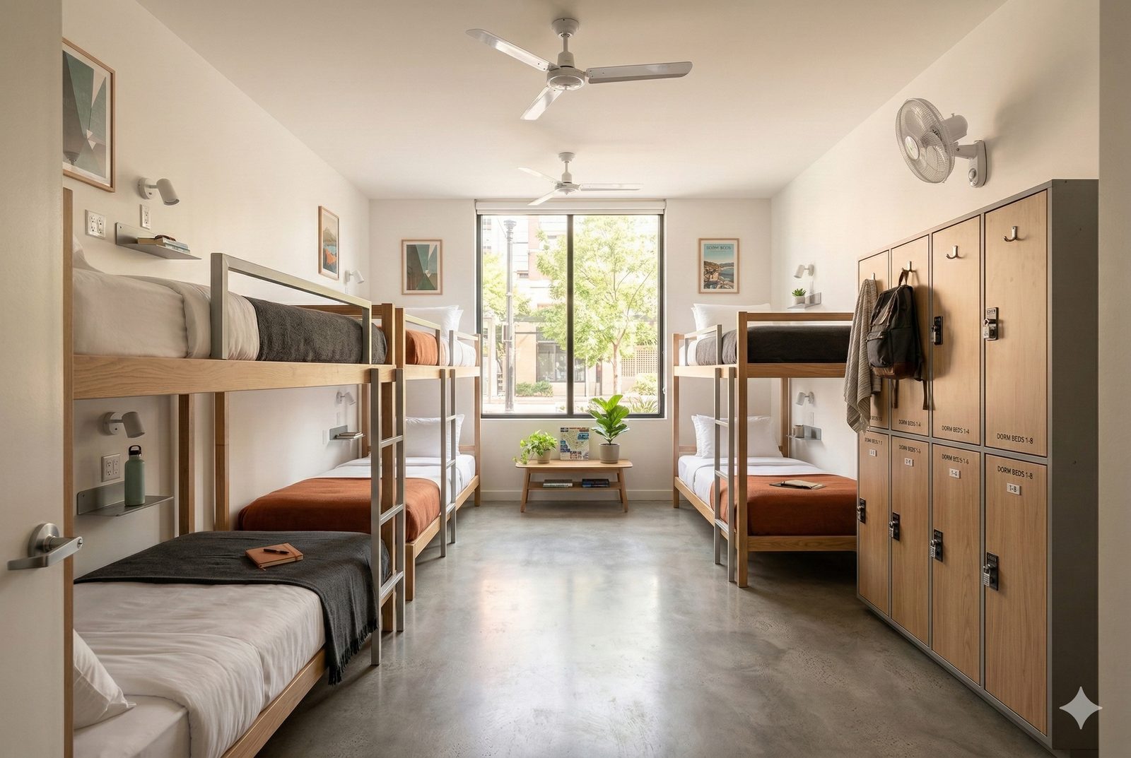8-bed shared hostel dorm room