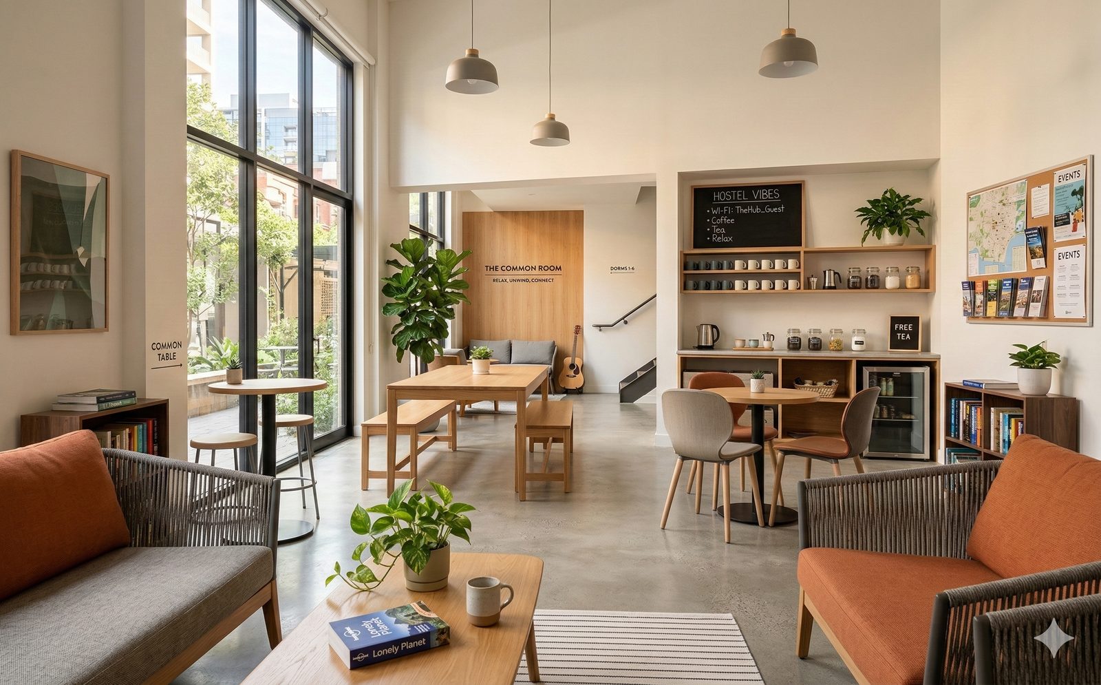 Clean modern hostel common area